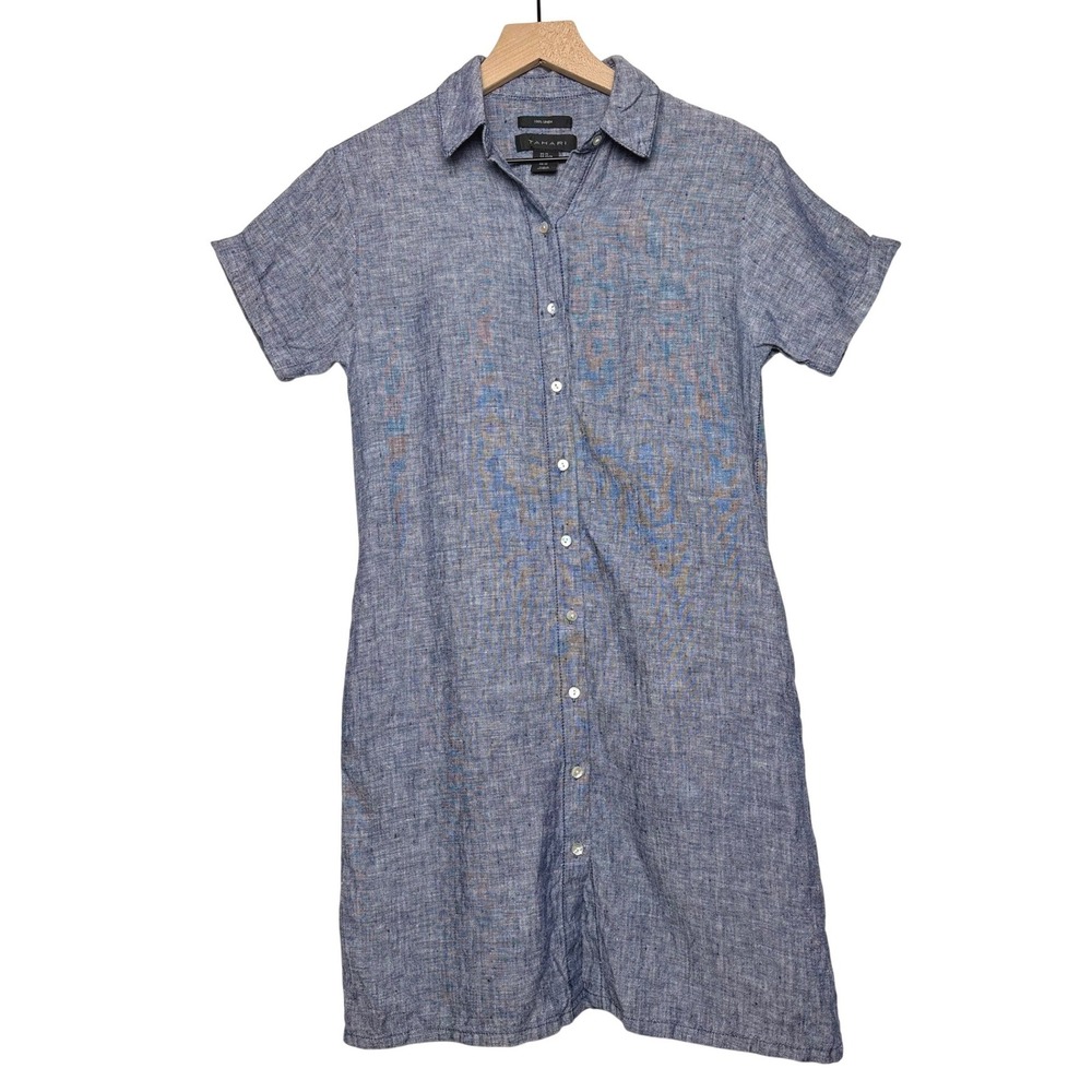 Tahari Blue 100% Linen Short Sleeve Button Front Shirt Minimalist‎  Dress XS - Picture 2 of 12